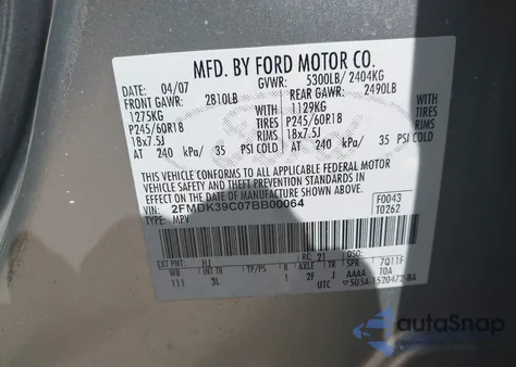 2007 Ford Edge Sel Plus z USA, uszkodzony, nr VIN 2FMDK39C07BB00064